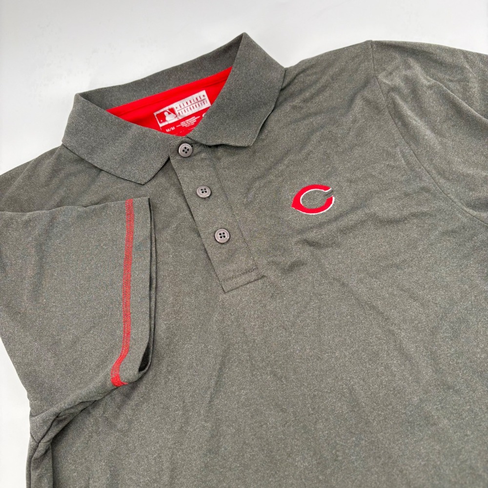 MLB Cincinnati Reds Polo Shirt Mens Medium Gray Red Performance Logo Quick Dri